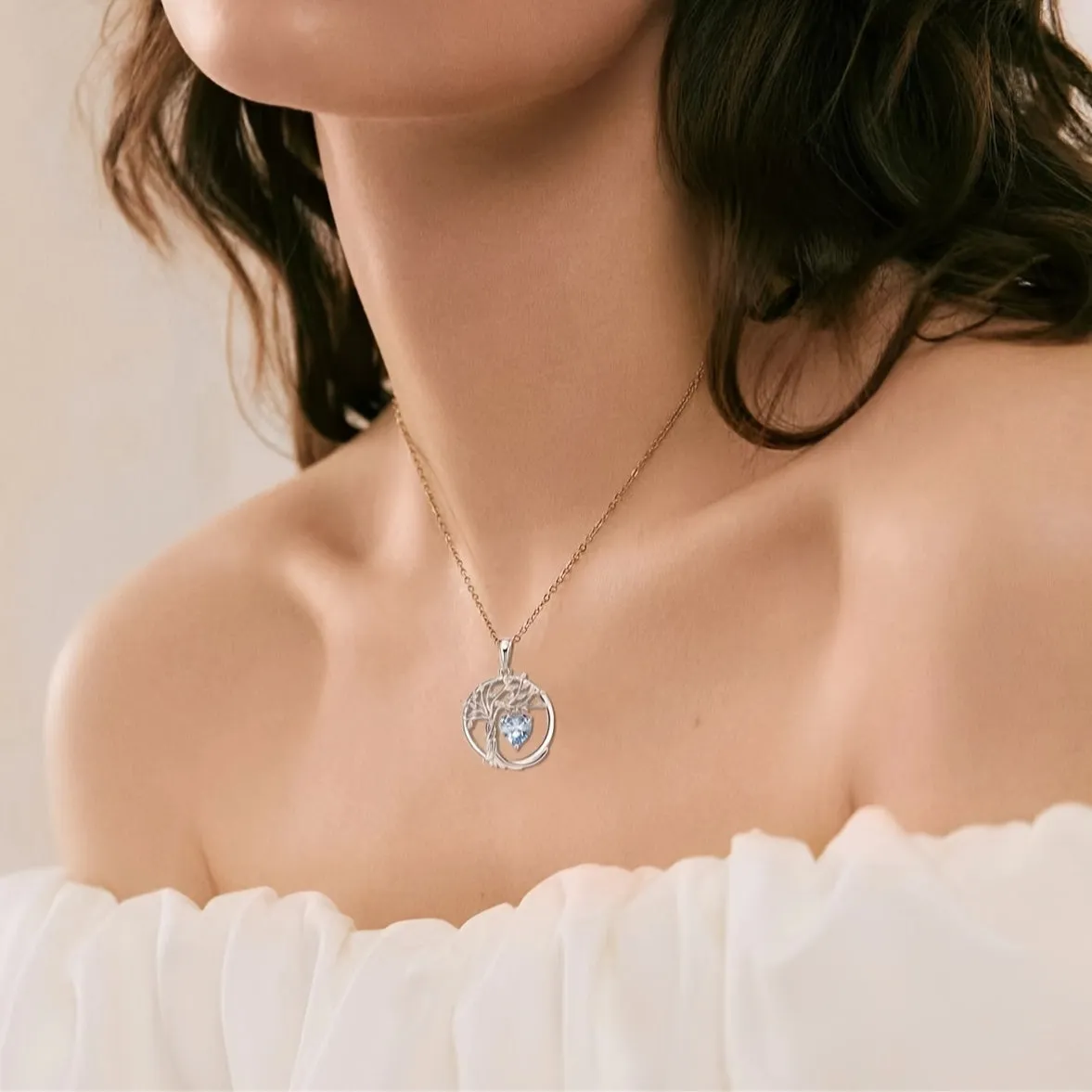 Bohemian Tree of Life Pendant Necklace in 925 Silver with Heart Zirconia