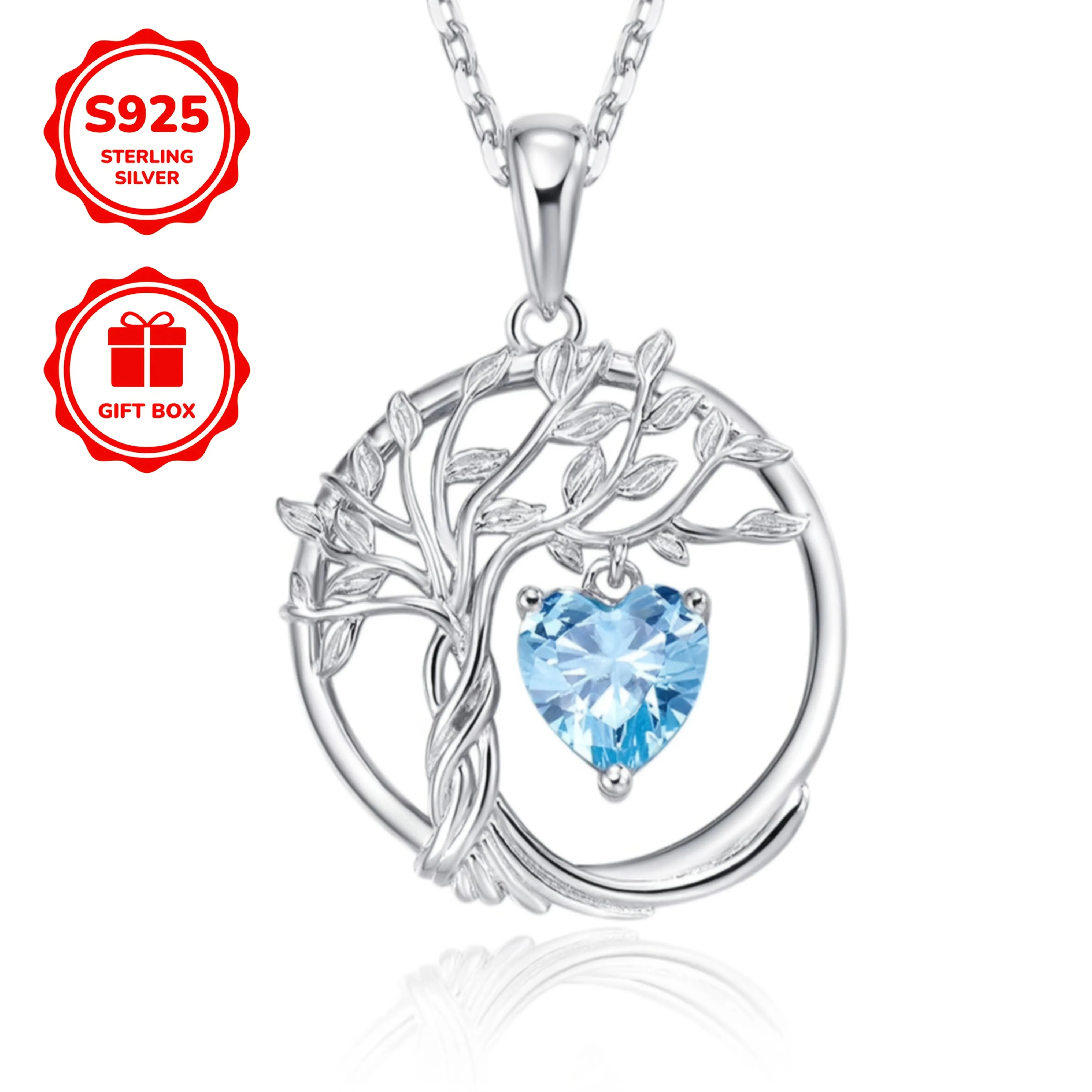 Bohemian Tree of Life Pendant Necklace in 925 Silver with Heart Zirconia