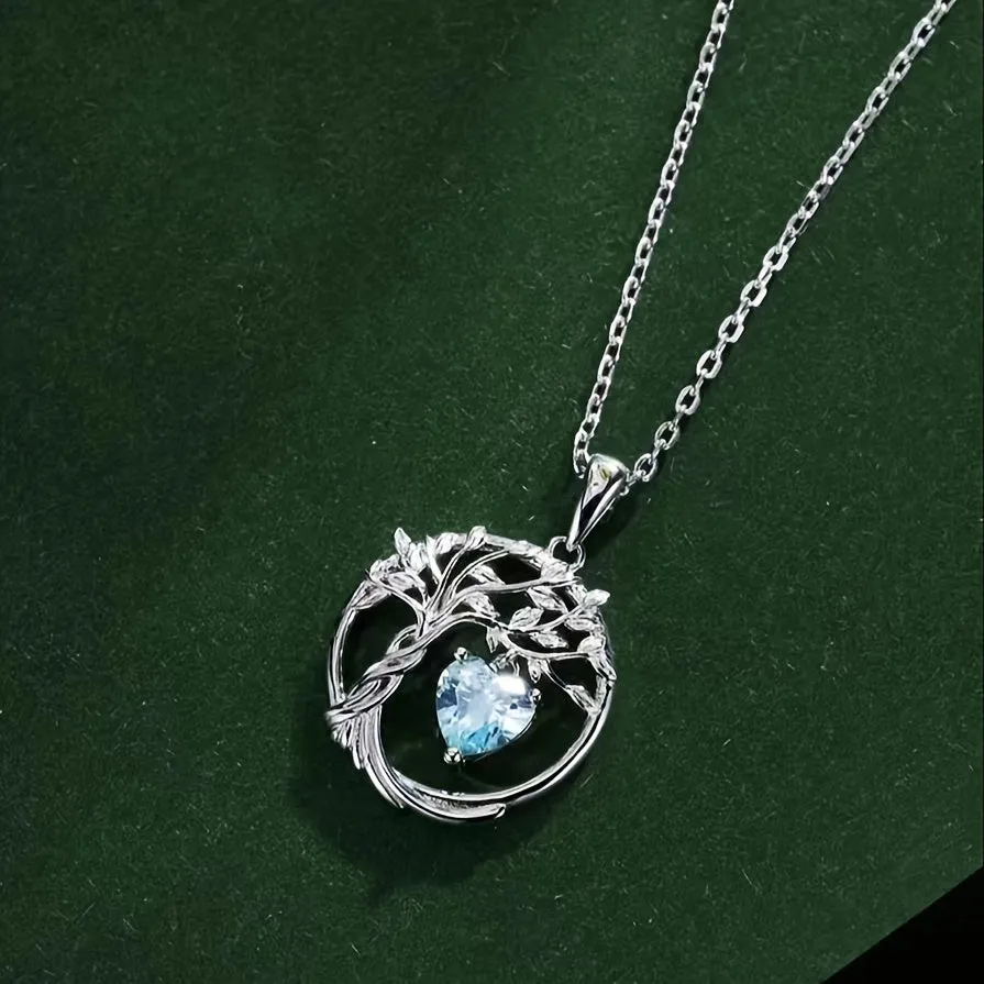 Bohemian Tree of Life Pendant Necklace in 925 Silver with Heart Zirconia