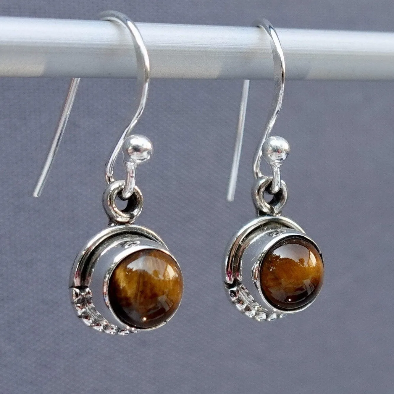Boho Round Tigers Eye 925 Silver Earrings, E86TE