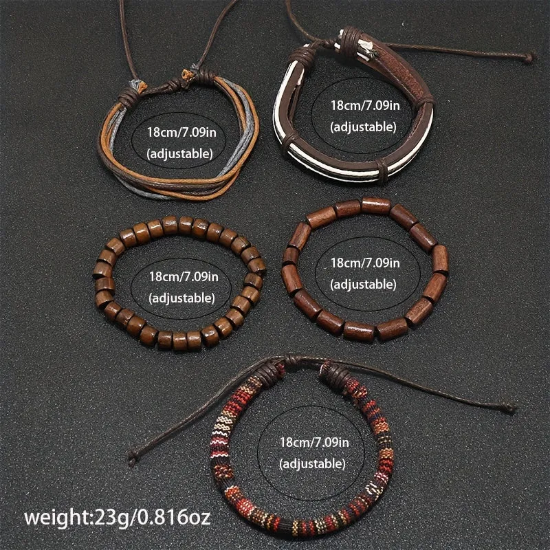 Boho Style Wooden Beads Leather Bracelet Set