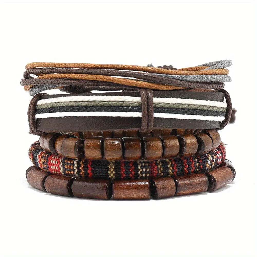 Boho Style Wooden Beads Leather Bracelet Set