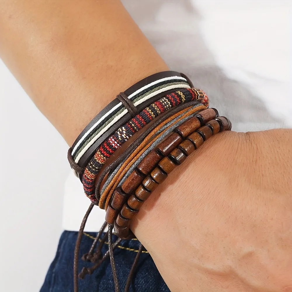 Boho Style Wooden Beads Leather Bracelet Set