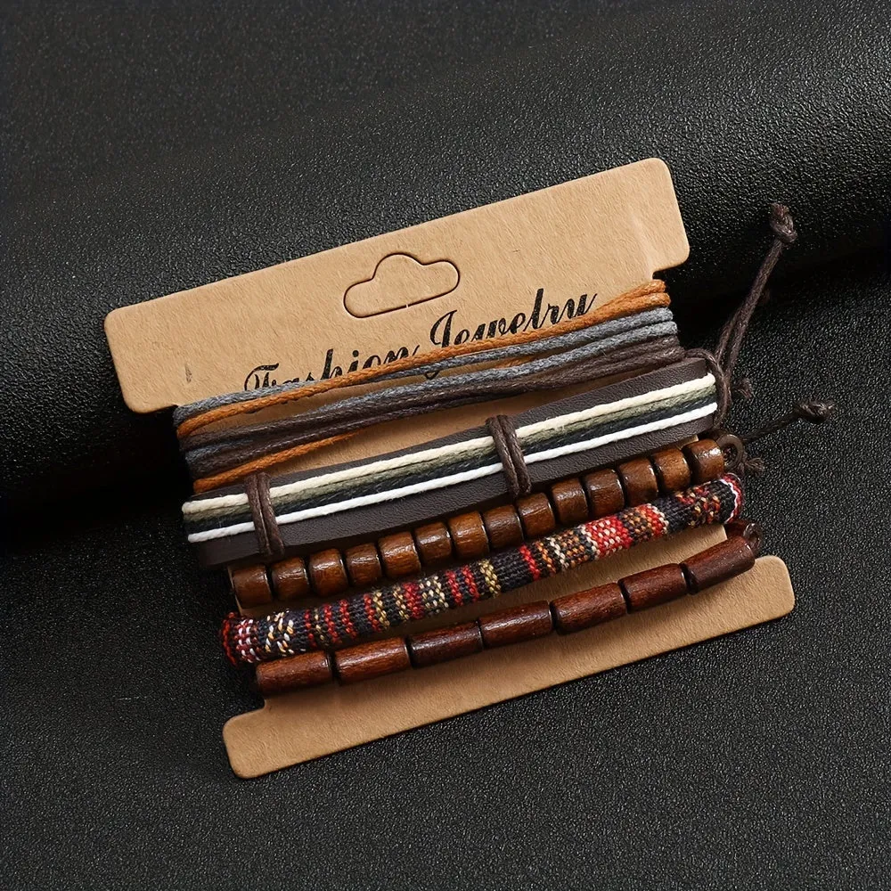 Boho Style Wooden Beads Leather Bracelet Set