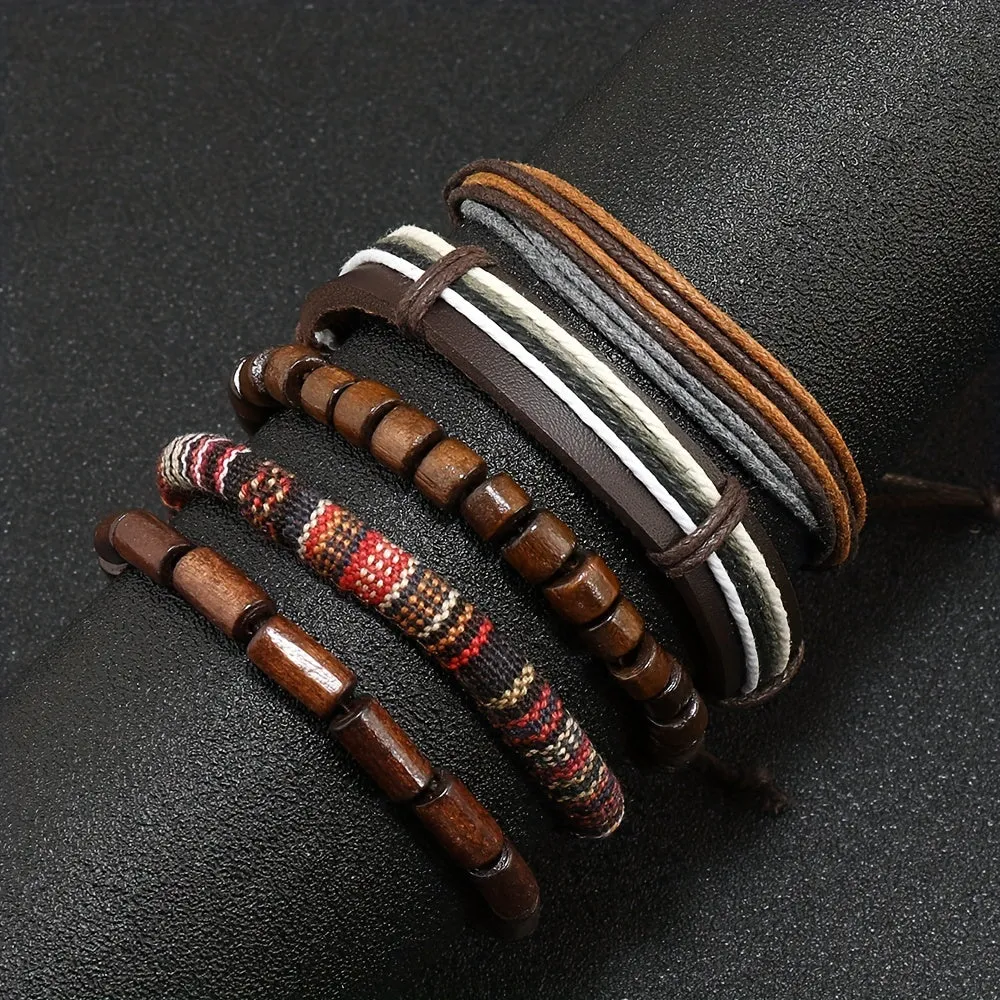 Boho Style Wooden Beads Leather Bracelet Set