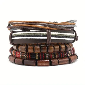 Boho Style Wooden Beads Leather Bracelet Set