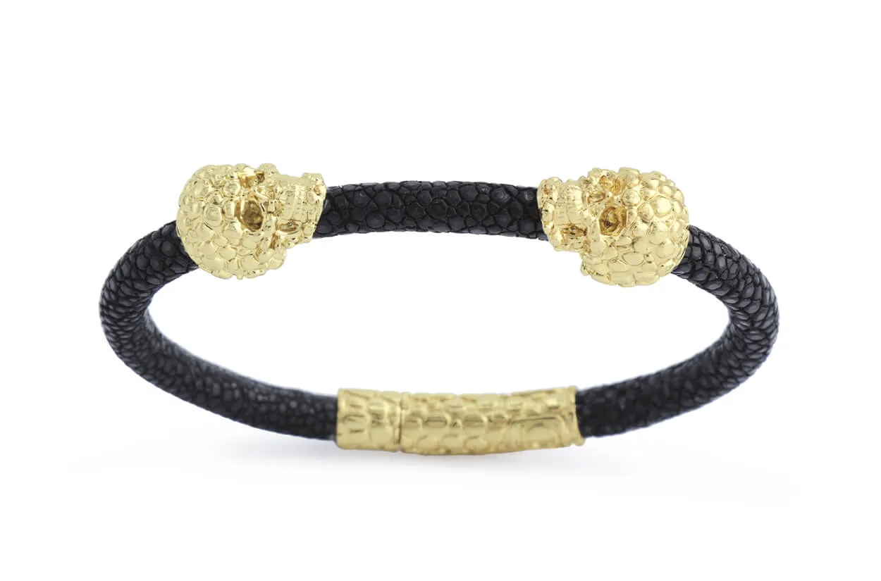 Bracelet LivingSkull Men Stingray Leather & Two Human Skulls