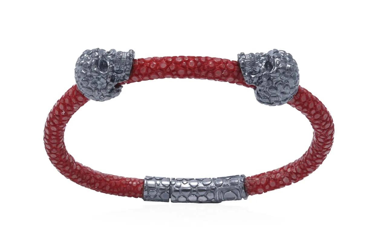 Bracelet LivingSkull Men Stingray Leather & Two Human Skulls