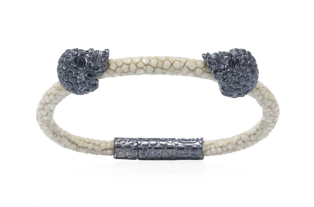 Bracelet LivingSkull Men Stingray Leather & Two Human Skulls