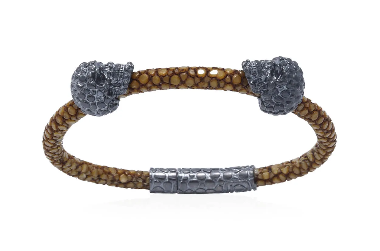 Bracelet LivingSkull Men Stingray Leather & Two Human Skulls