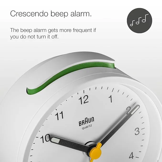 Braun Classic Analogue Alarm Clock with Snooze and Light, Crescendo Beep Alarm in White - BC12W