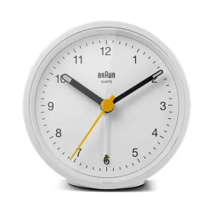 Braun Classic Analogue Alarm Clock with Snooze and Light, Crescendo Beep Alarm in White - BC12W