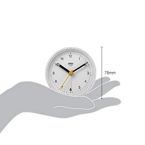 Braun Classic Analogue Alarm Clock with Snooze and Light, Crescendo Beep Alarm in White - BC12W