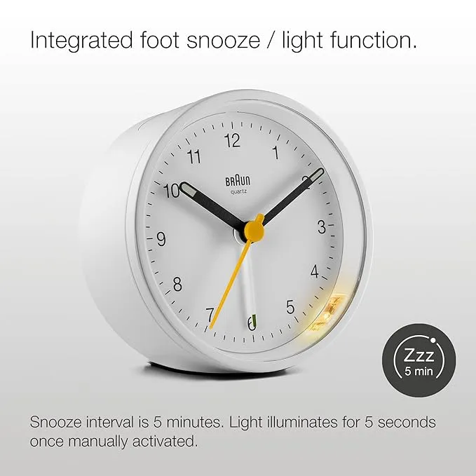 Braun Classic Analogue Alarm Clock with Snooze and Light, Crescendo Beep Alarm in White - BC12W
