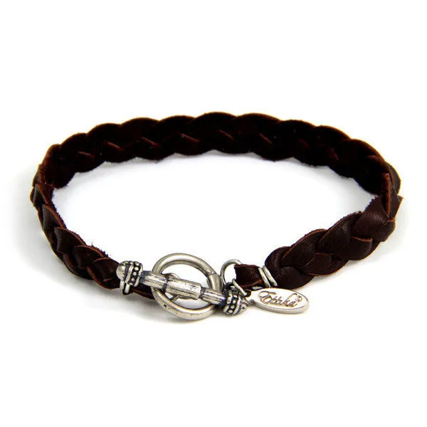 Brown Braided Men's Deerskin Leather Bracelet with Silver Toggle