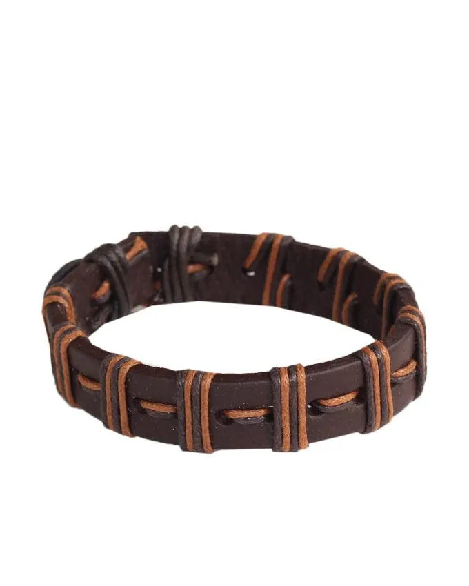 Brown genuine leather and waxed cord men's bracelet