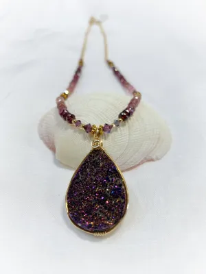 Burgundy Drusy with spinel gemstone chain