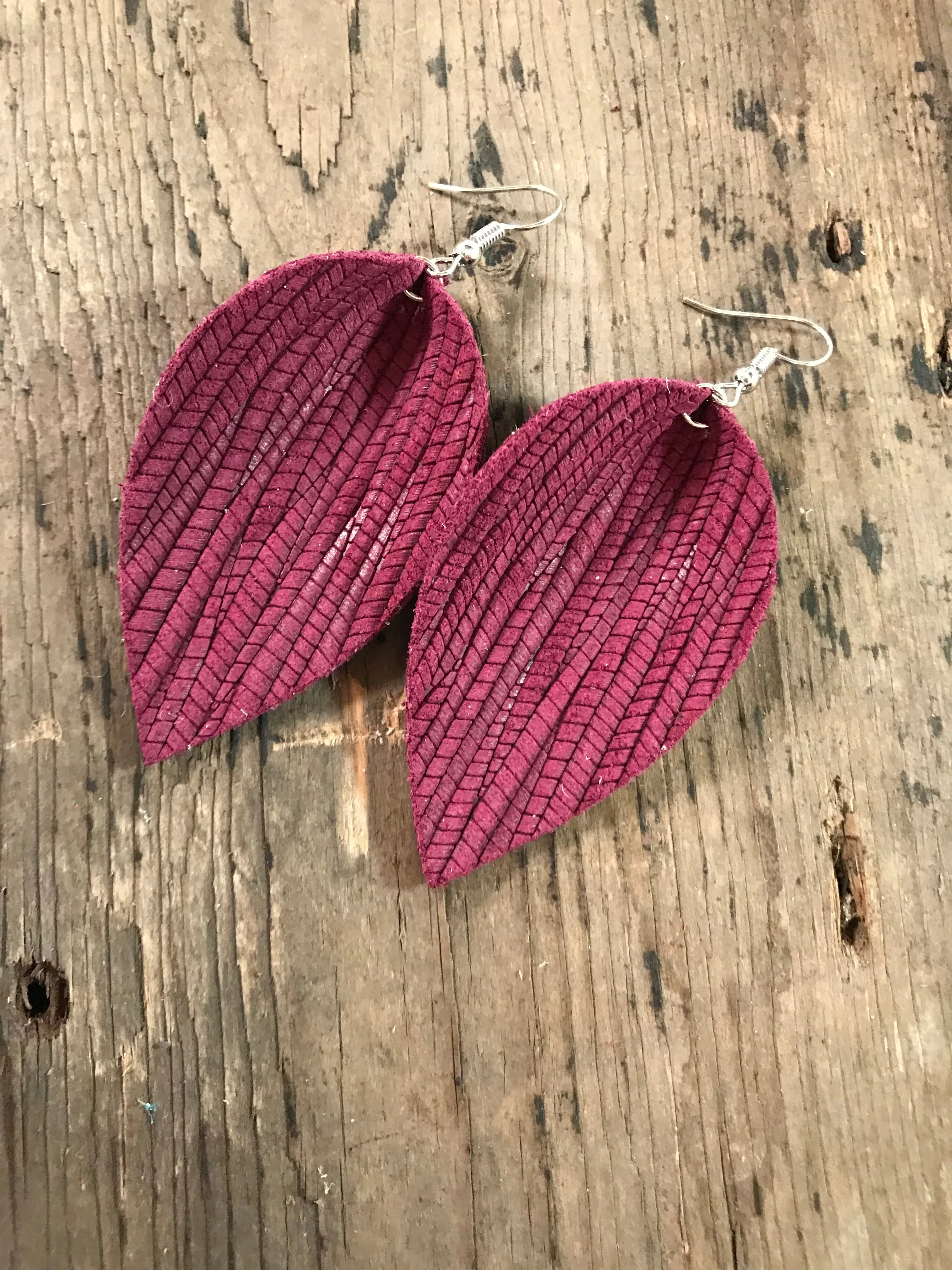 Burgundy palm leaf textured leather earring