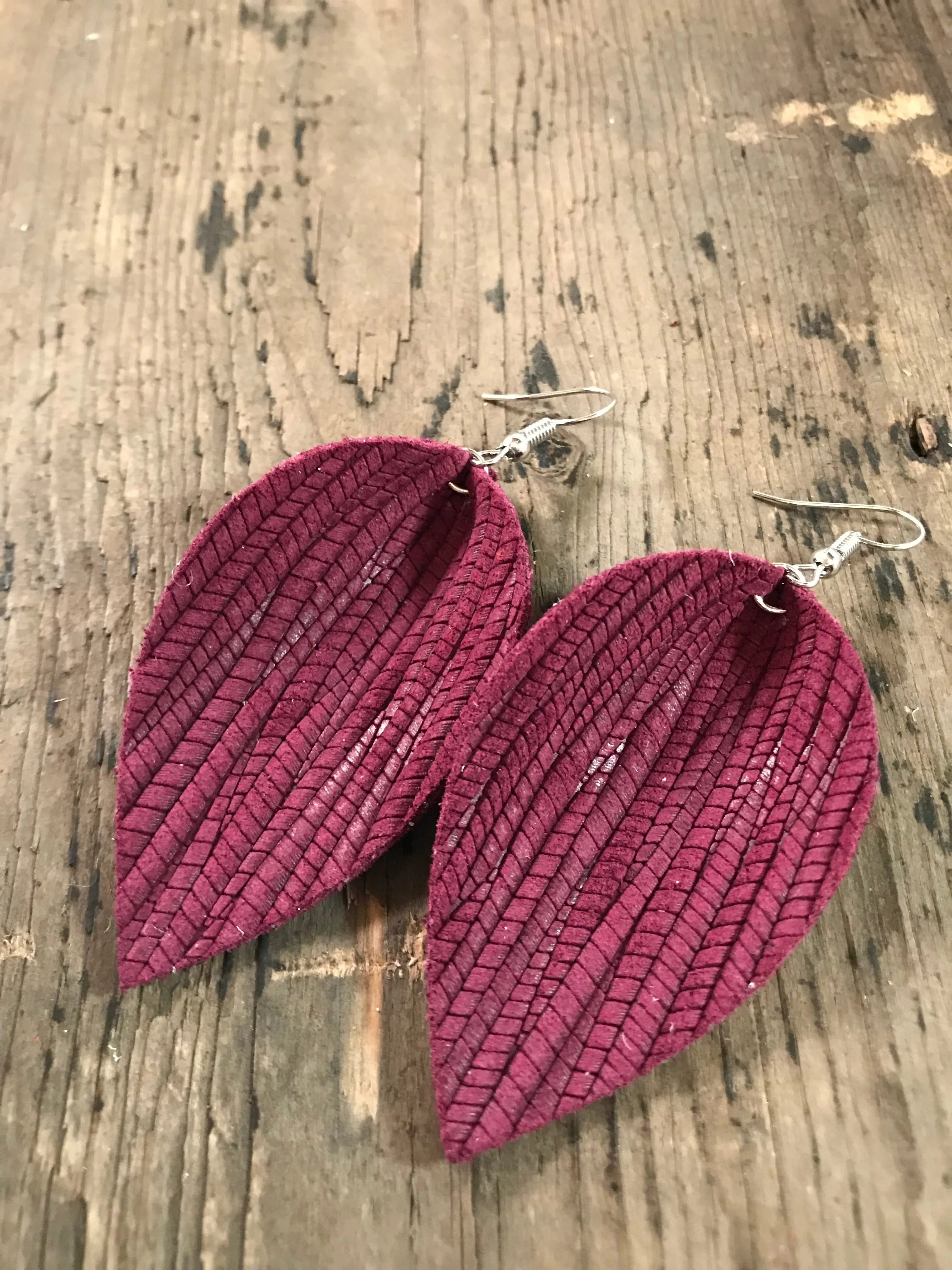 Burgundy palm leaf textured leather earring