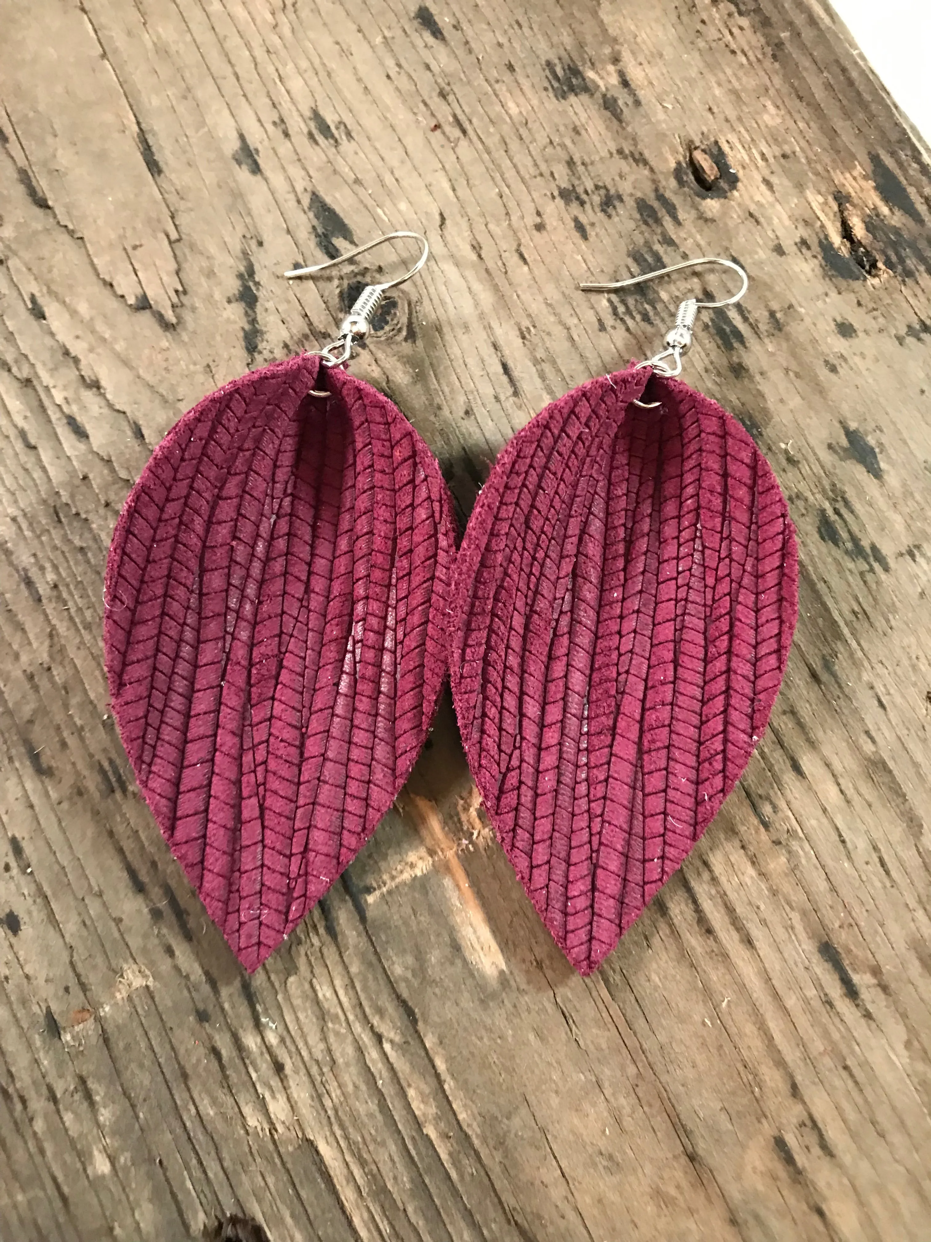Burgundy palm leaf textured leather earring