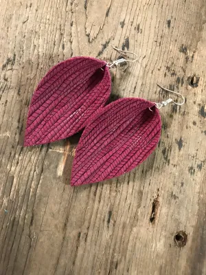Burgundy palm leaf textured leather earring