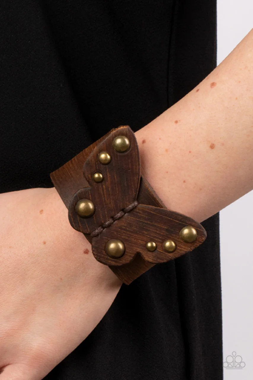 Butterfly Farm - Brass - Studded Brown Leather Paparazzi Wrap Bracelet