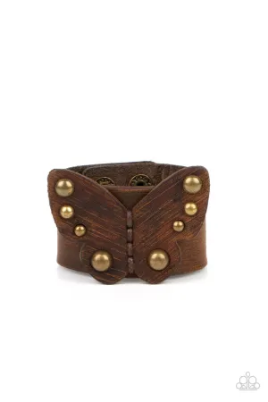 Butterfly Farm - Brass - Studded Brown Leather Paparazzi Wrap Bracelet