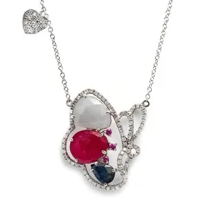 Butterfly Pendant with  Slice Multicolor Gems & Pave Diamonds Necklace, 14k White Gold