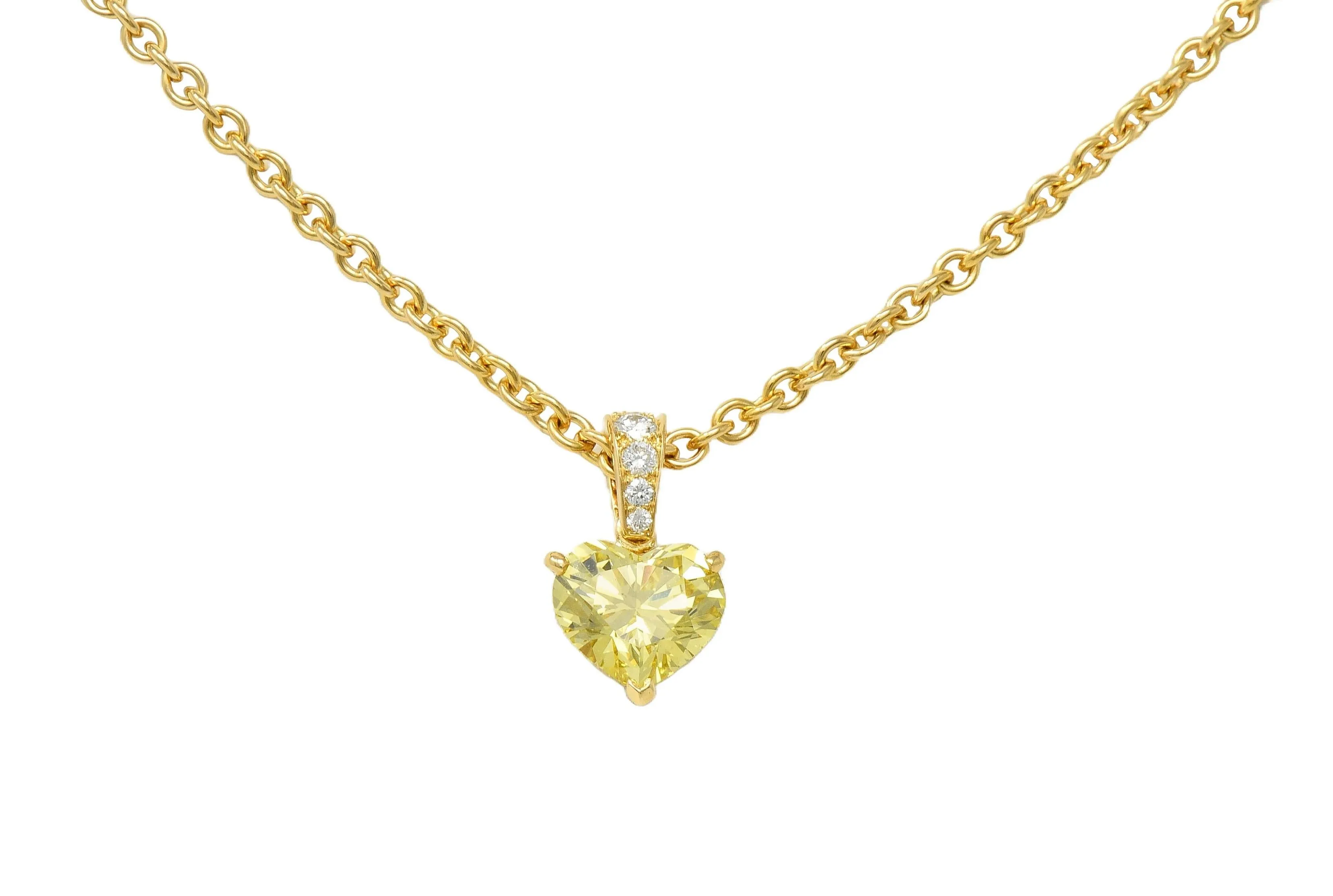 Cartier French 2.33 CTW Fancy Intense Yellow Heart Cut Diamond 18 Karat Yellow Gold Pendant Necklace GIA