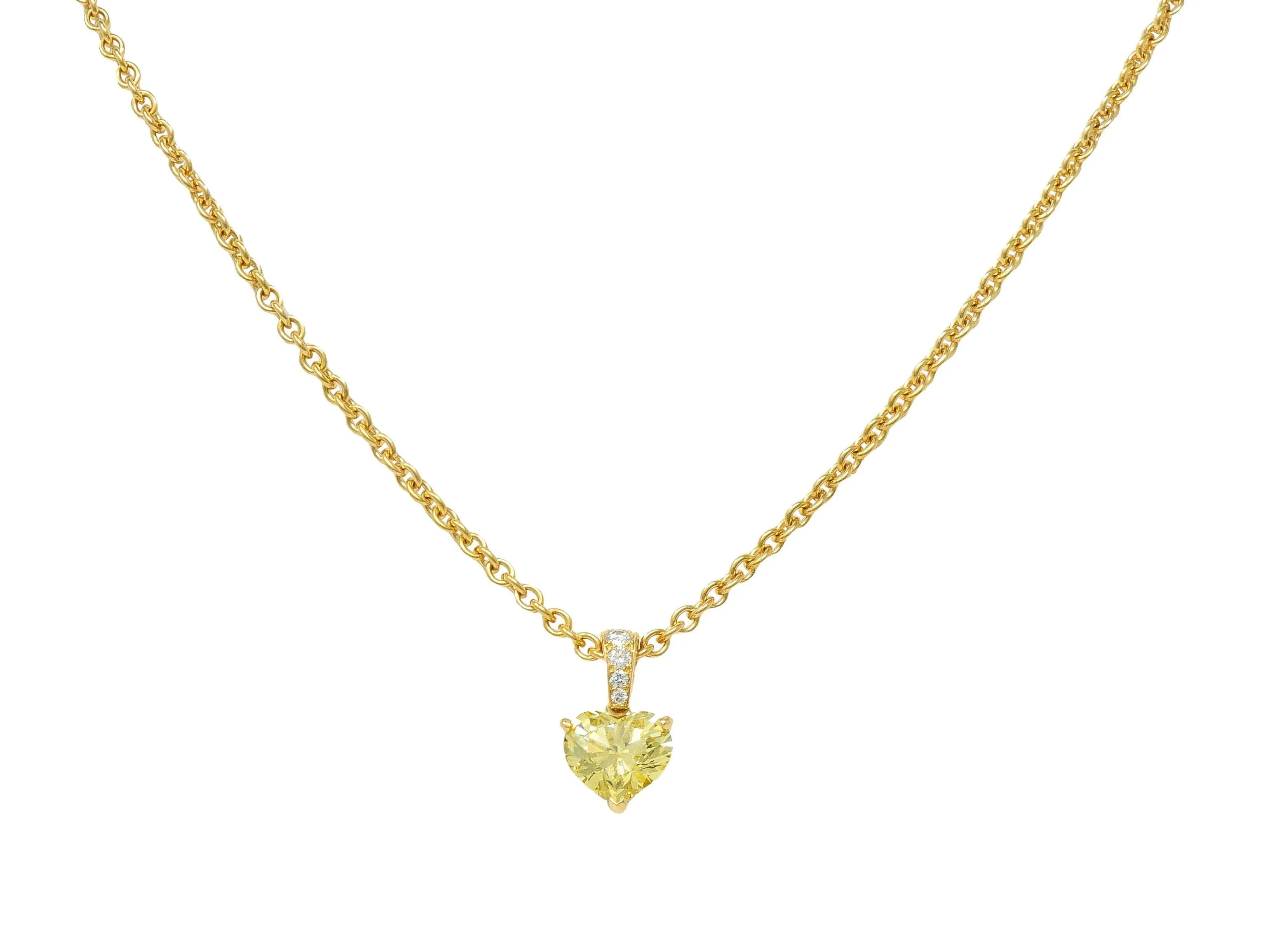 Cartier French 2.33 CTW Fancy Intense Yellow Heart Cut Diamond 18 Karat Yellow Gold Pendant Necklace GIA
