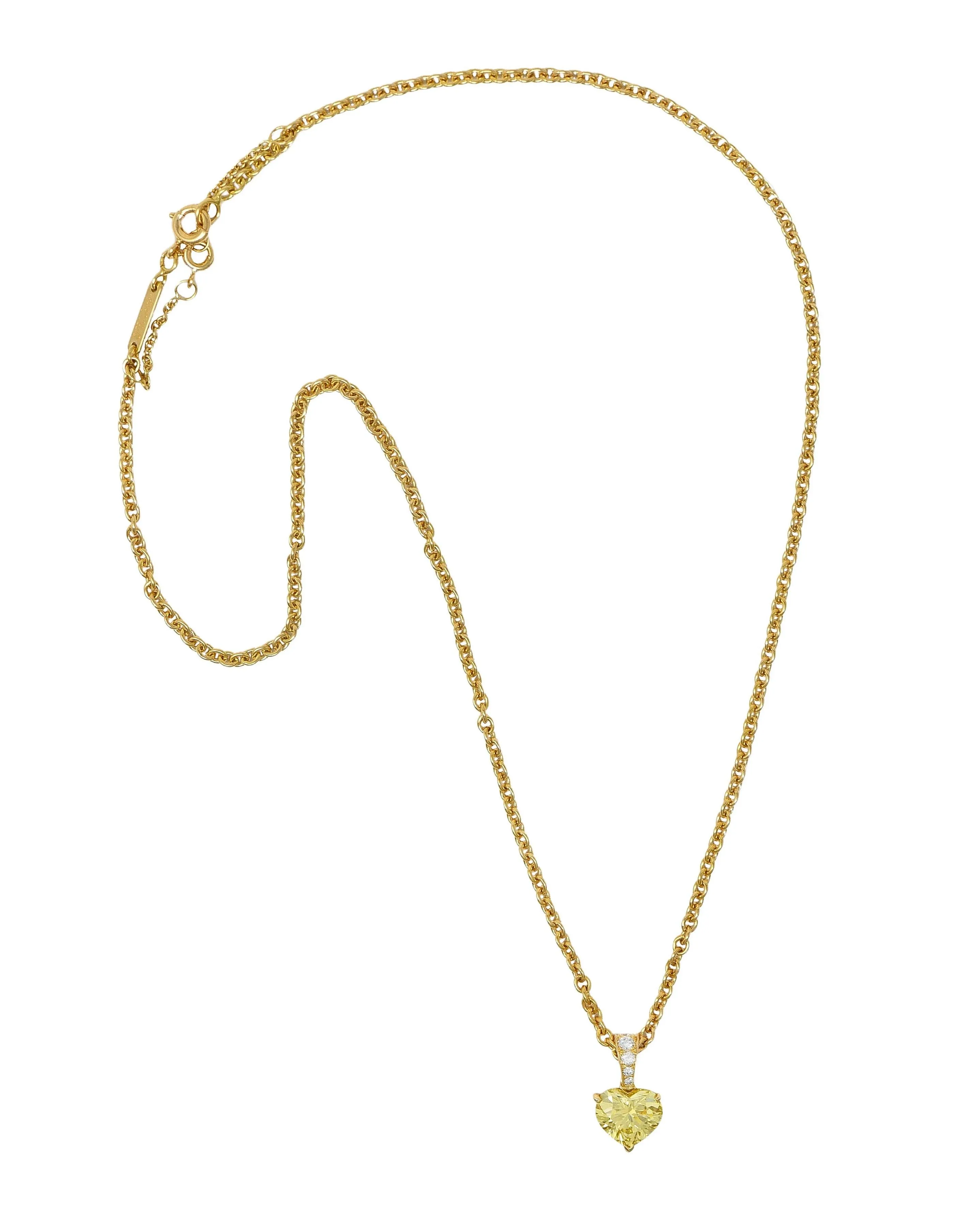 Cartier French 2.33 CTW Fancy Intense Yellow Heart Cut Diamond 18 Karat Yellow Gold Pendant Necklace GIA
