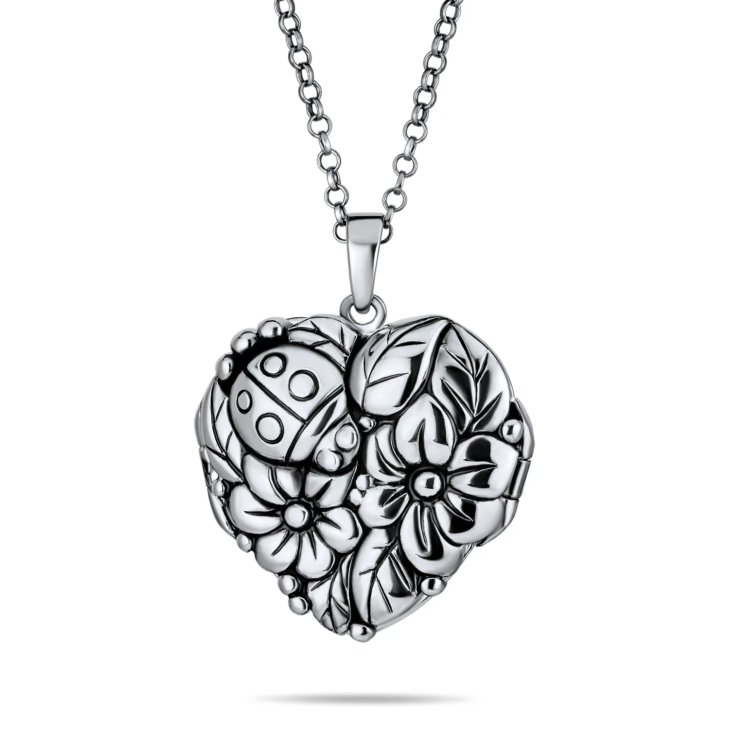Carved Leaves Heart Locket Necklace for Photos Sterling Silver Garden Ladybug