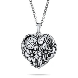 Carved Leaves Heart Locket Necklace for Photos Sterling Silver Garden Ladybug