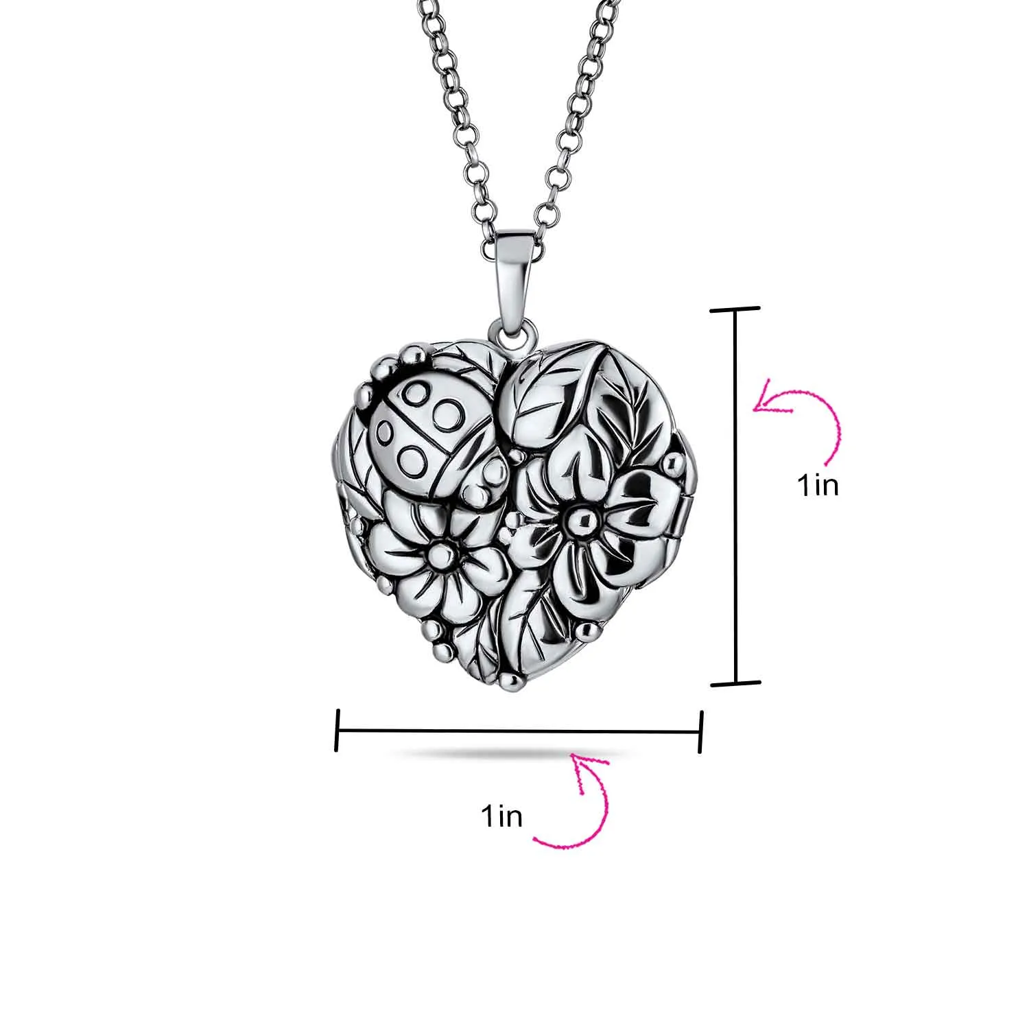 Carved Leaves Heart Locket Necklace for Photos Sterling Silver Garden Ladybug