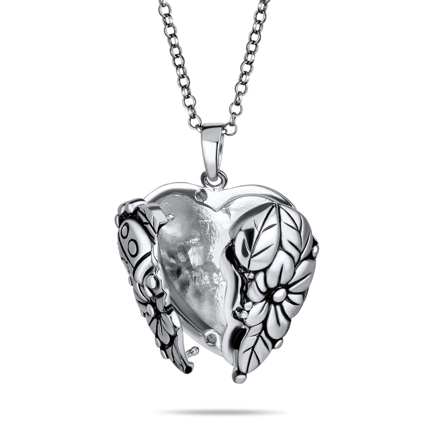 Carved Leaves Heart Locket Necklace for Photos Sterling Silver Garden Ladybug