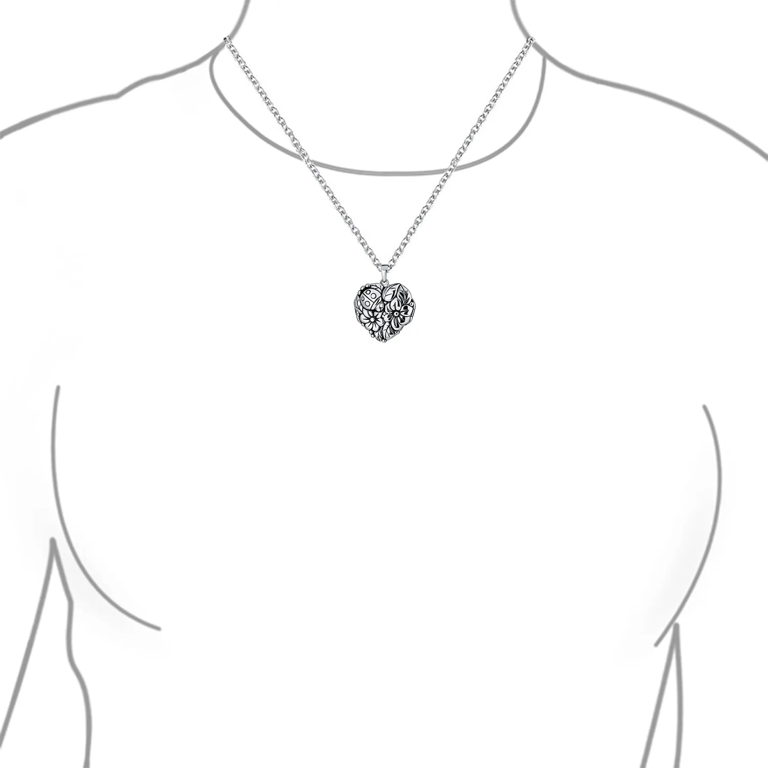 Carved Leaves Heart Locket Necklace for Photos Sterling Silver Garden Ladybug