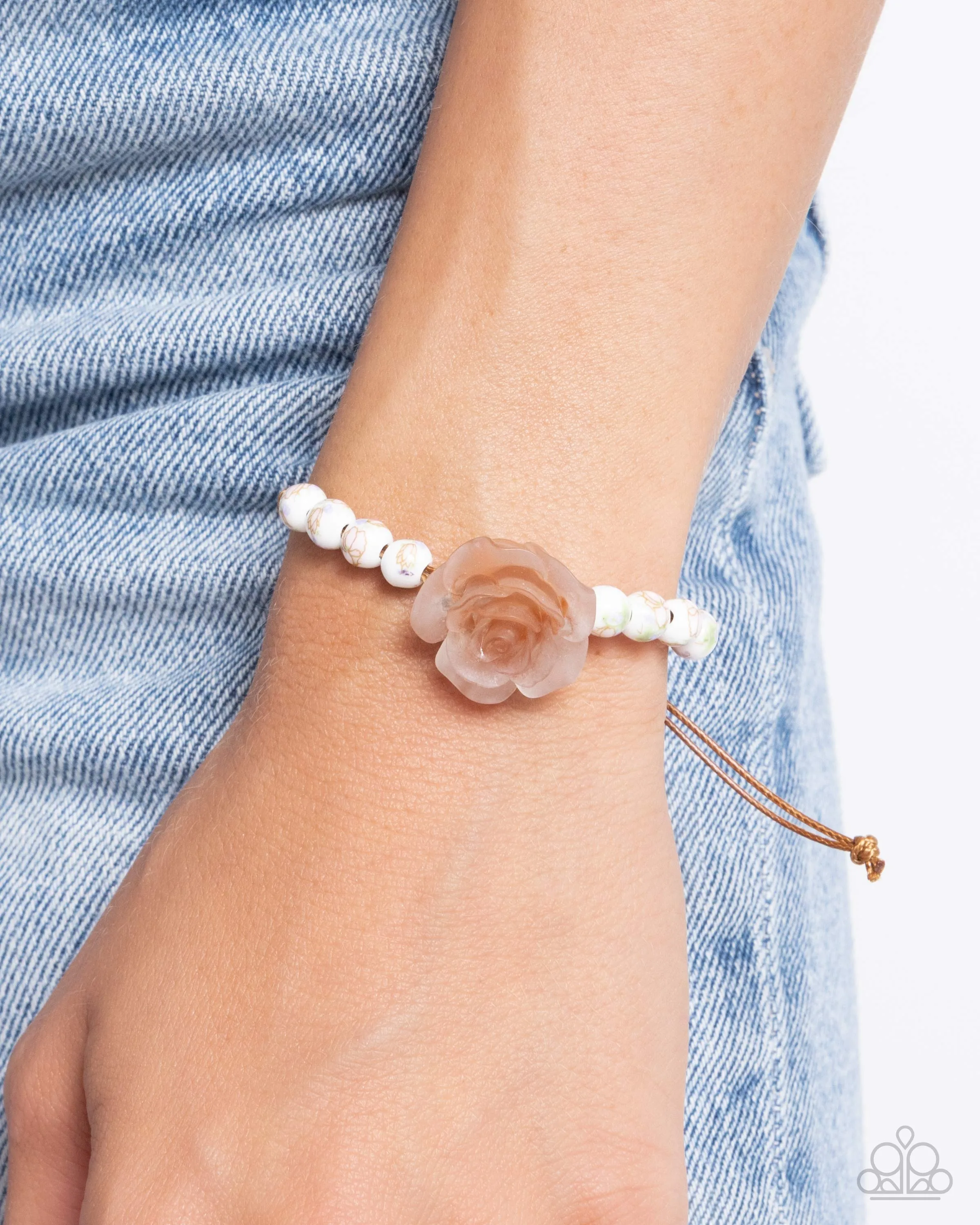 Ceramic Chic - Brown - Acrylic Rose Flower Painted White Bead Paparazzi Pull-Cord Bracelet