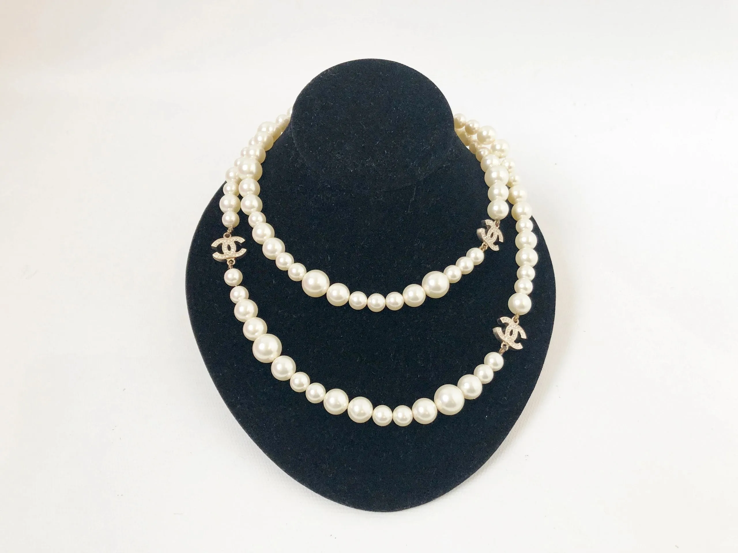Chanel Faux Pearl & Crystal Necklace 36 Inches