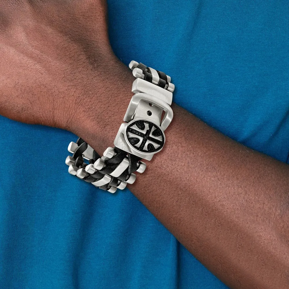 Chisel Stainless Steel Antiqued and Brushed Cross Buckle with Black Leather Adjustable Bracelet