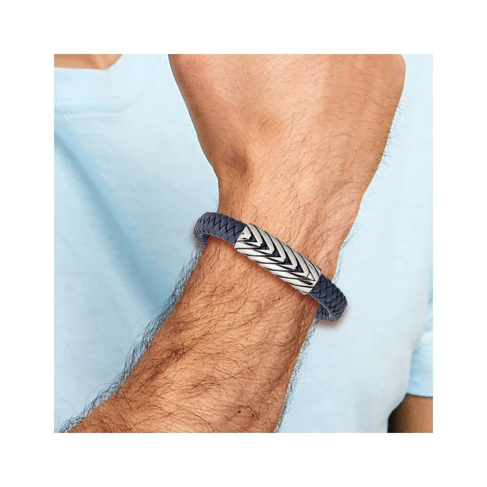 Chisel Stainless Steel Antiqued and Polished Braided Blue Faux Leather 8 inch Bracelet with .5 inch Extension