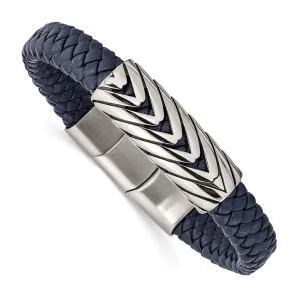 Chisel Stainless Steel Antiqued and Polished Braided Blue Faux Leather 8 inch Bracelet with .5 inch Extension