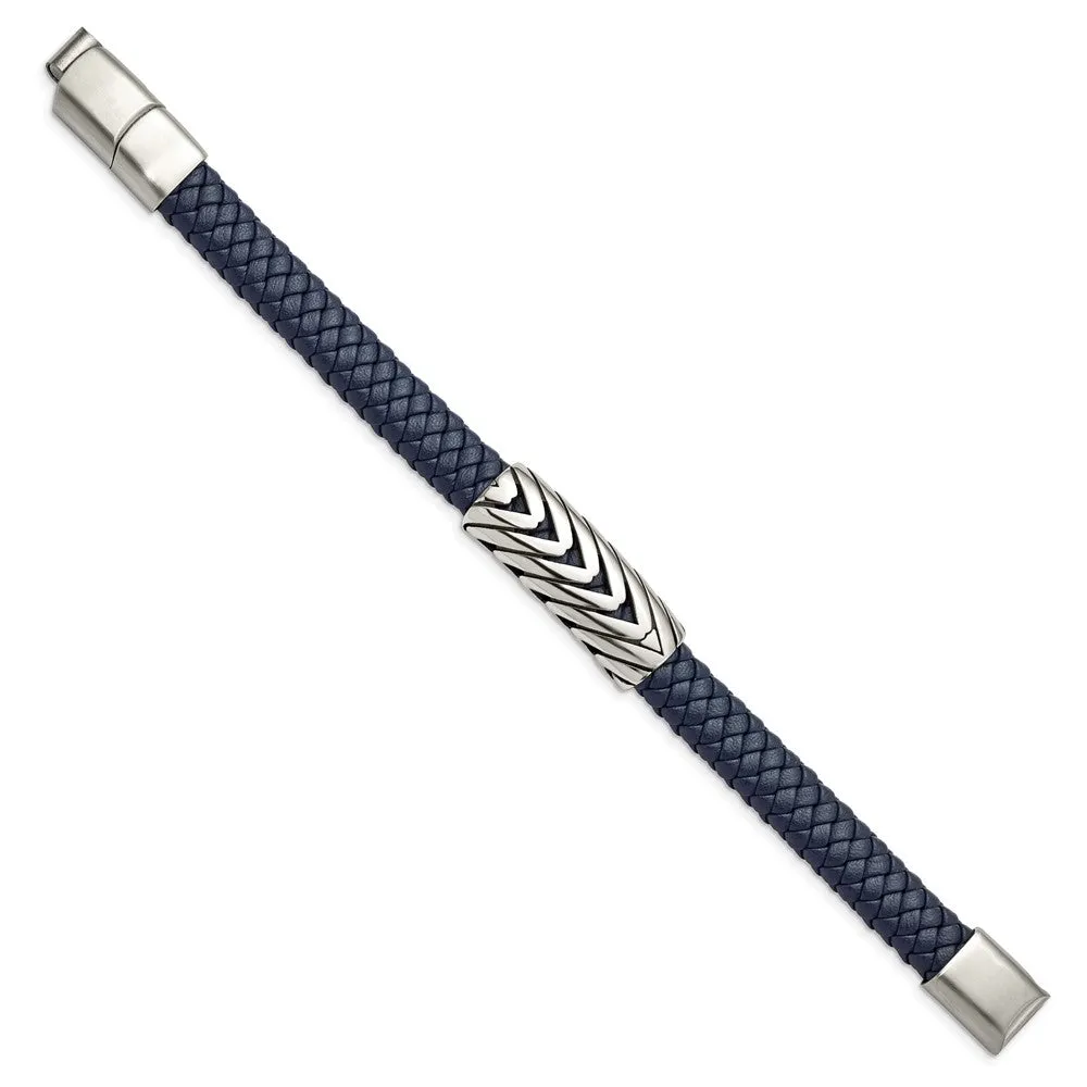 Chisel Stainless Steel Antiqued and Polished Braided Blue Faux Leather 8 inch Bracelet with .5 inch Extension
