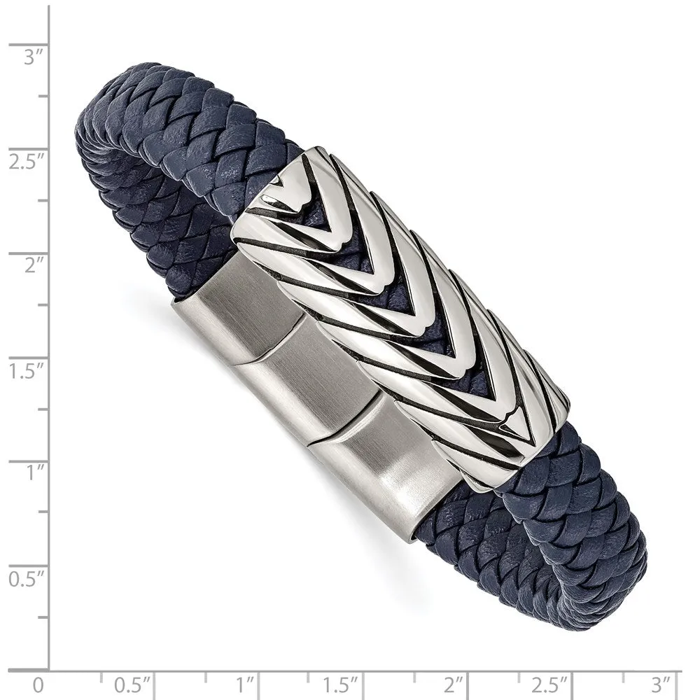 Chisel Stainless Steel Antiqued and Polished Braided Blue Faux Leather 8 inch Bracelet with .5 inch Extension