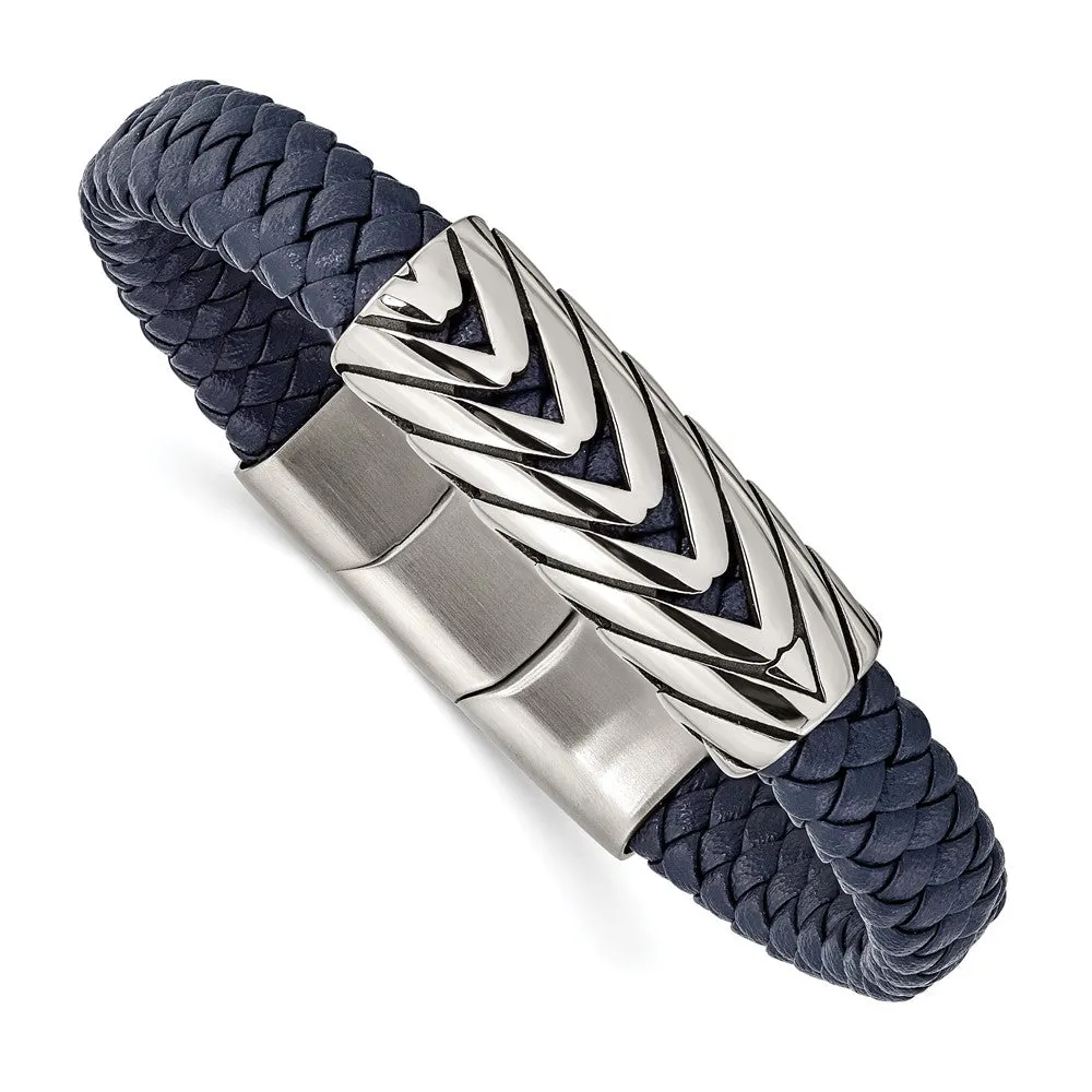 Chisel Stainless Steel Antiqued and Polished Braided Blue Faux Leather 8 inch Bracelet with .5 inch Extension