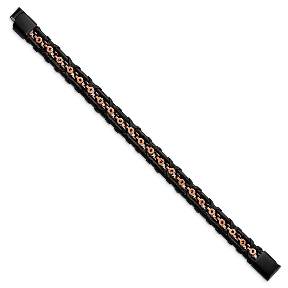 Chisel Stainless Steel Antiqued and Polished Rose IP-plated Black Leather 8.5 inch Bracelet