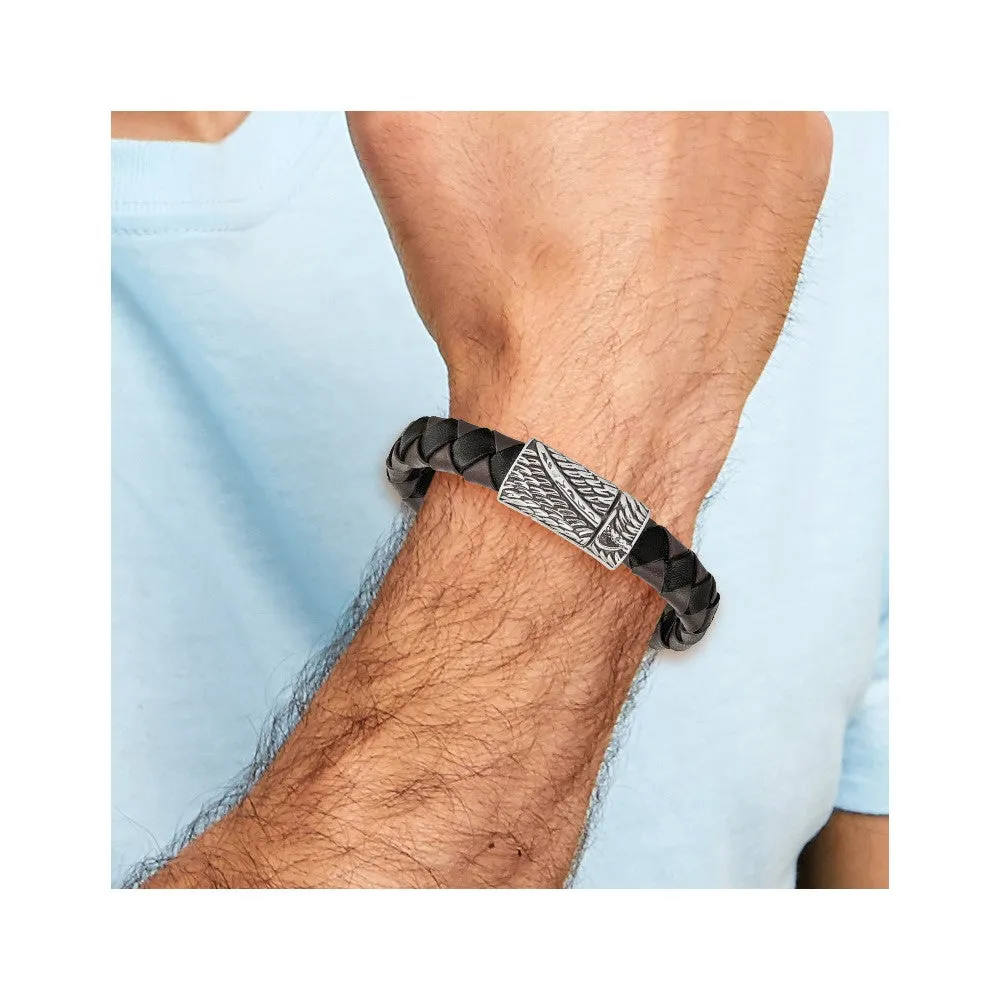 Chisel Stainless Steel Antiqued and Polished Sword Black and Brown Braided Leather 8.5 inch Bracelet