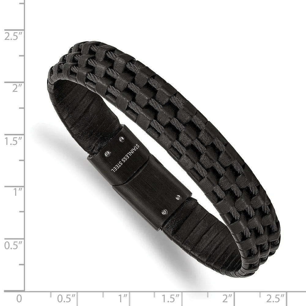 Chisel Stainless Steel Brushed and Polished Black IP-plated Wire Cable and Black Leather 8.25 inch Bracelet