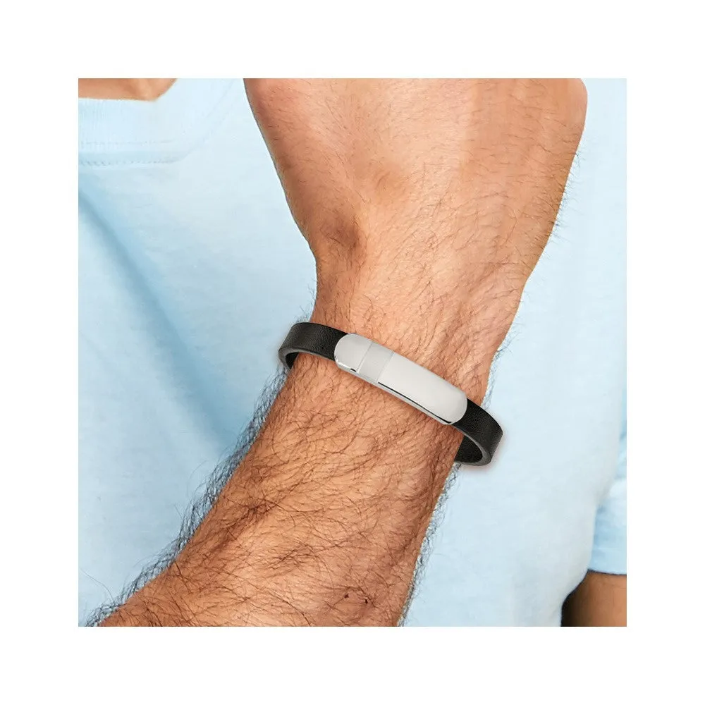 Chisel Stainless Steel Brushed and Polished Black Leather 8.5 inch ID Bracelet