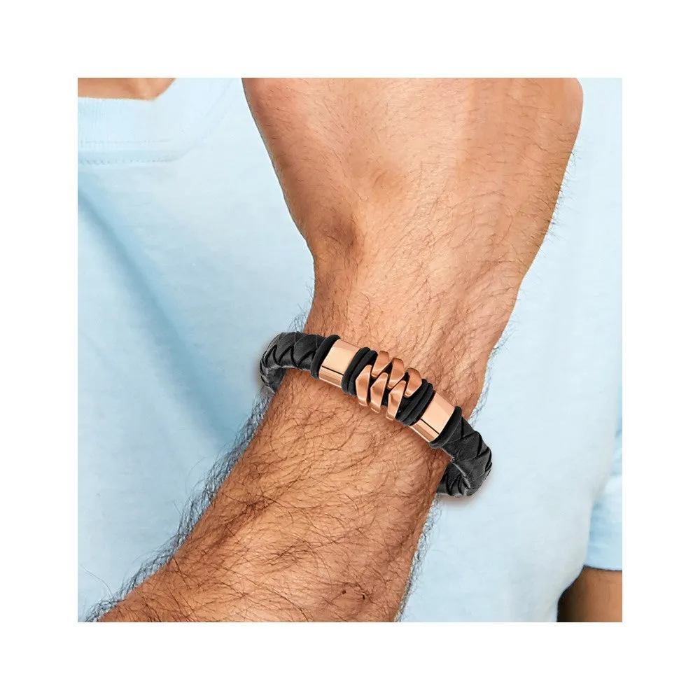 Chisel Stainless Steel Brushed Rose IP-plated Black Woven Leather 8 inch Bracelet