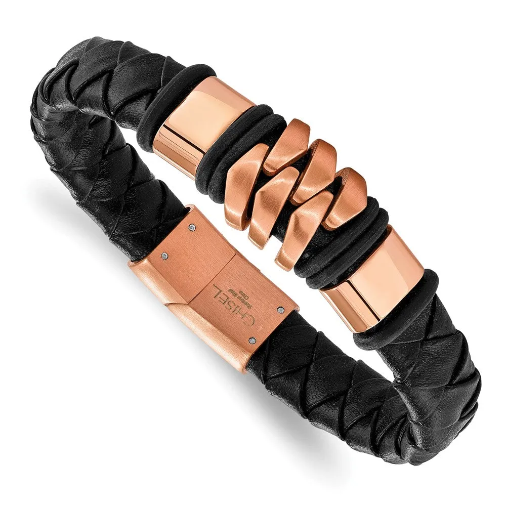 Chisel Stainless Steel Brushed Rose IP-plated Black Woven Leather 8 inch Bracelet
